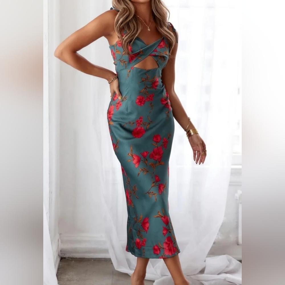 NWT Hello Molly Teal and Red Floral Midi Dress